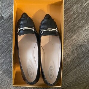Tod's Black Leather Heels with Silver Accents